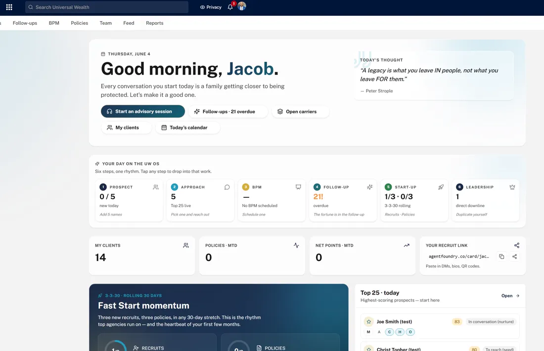 Agent home dashboard