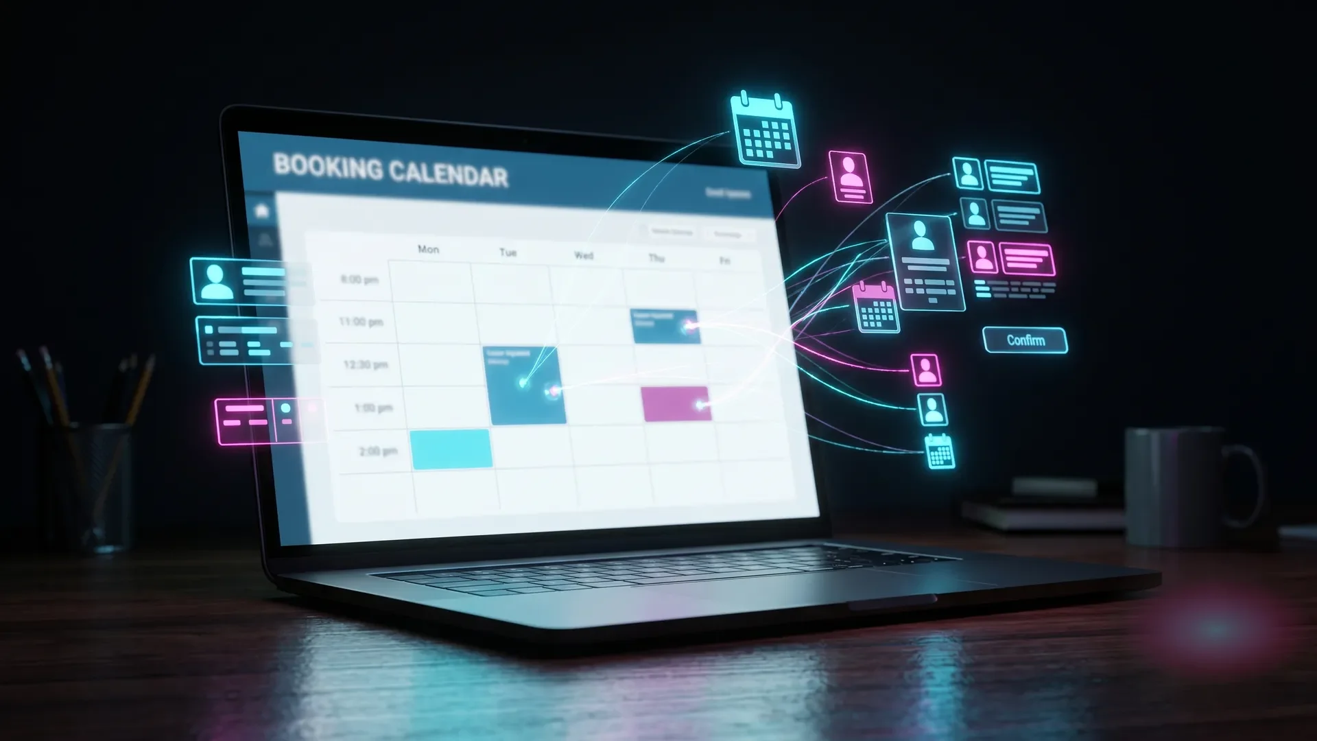 Glowing holographic pieces assembling into a booking calendar on a laptop