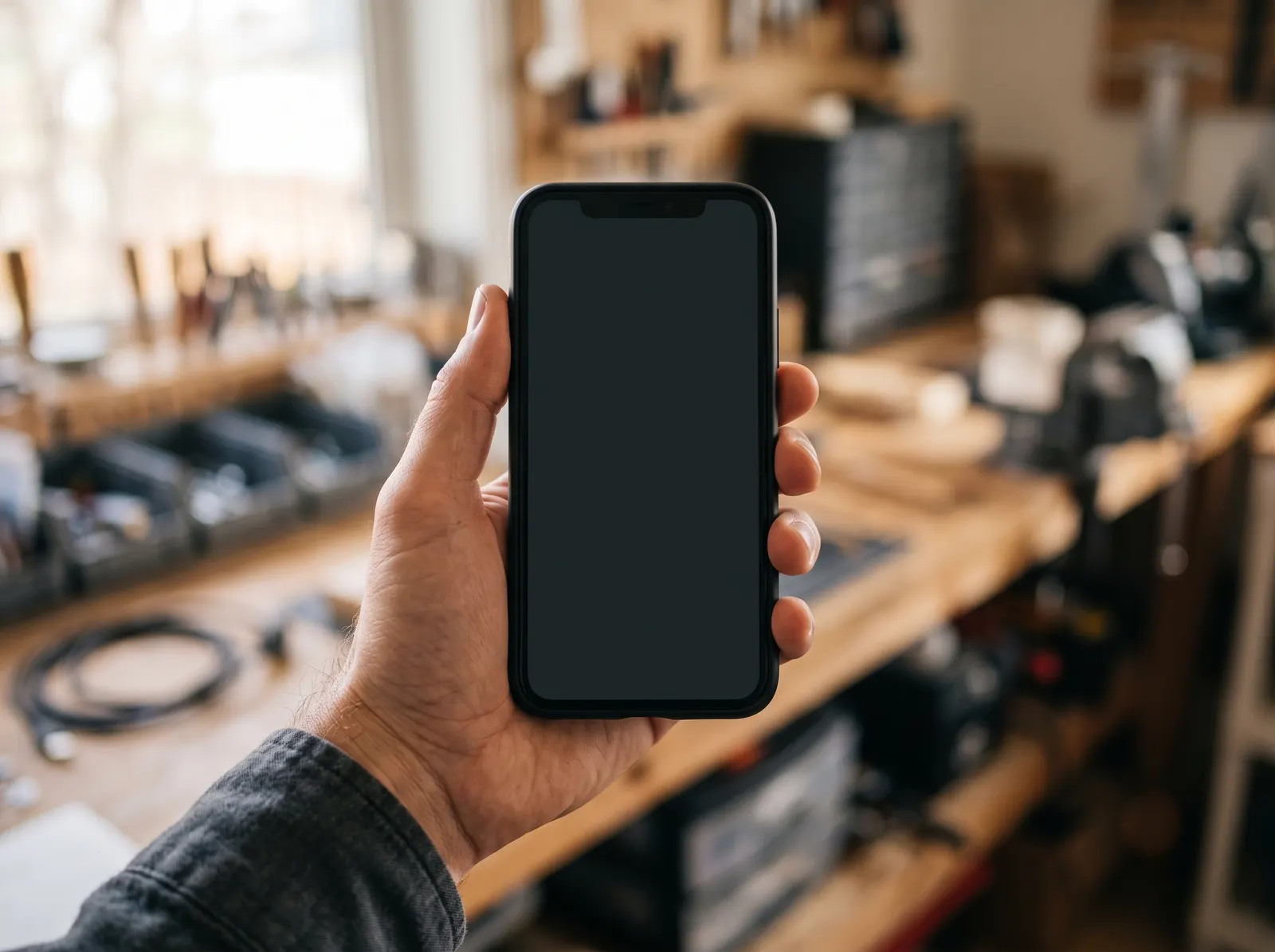 A hand holding a phone showing a digital business card